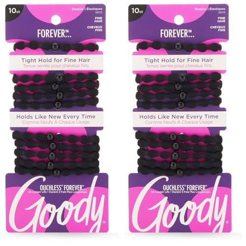 Goody Forever Ouchless Elastic Fine_Hair Tie, Black - 4MM for Fine_Hair - Hair_Accessories for_Women and Girls - Perfect for_Long Lasting Braids, Ponytails and More- 10 Count (Pack of 2)