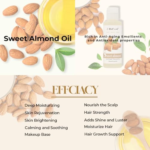 Well's Oil SWEET ALMOND OIL | 4oz(118ml) | All-Natural | For Hair + Skin | Refined, Cold Pressed | absorbs easily | Moisturizing, Health Skin