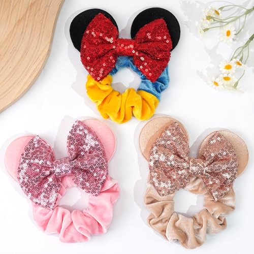 6 Pack Mouse Ear Sequin Scrunchies with Velvet Bows