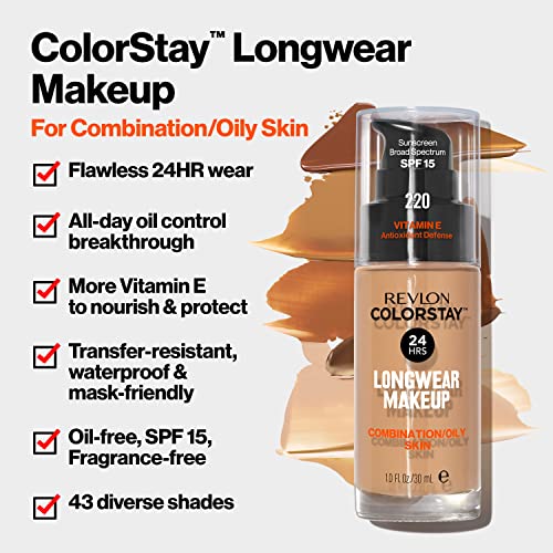 Revlon Liquid Foundation, ColorStay Face Makeup for Combination & Oily Skin, SPF 15, Medium-Full Coverage with Matte Finish, Shell (285), 1.0 oz