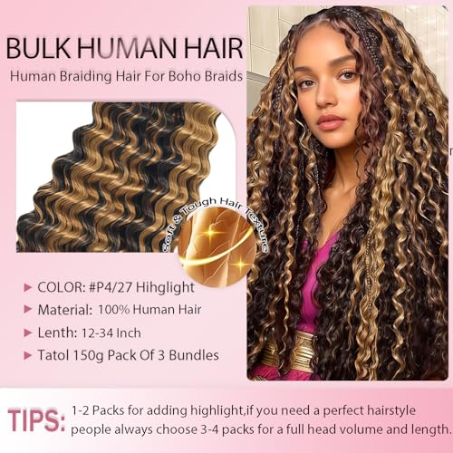 P4/27 Highlight Deep Wave Human Braiding Hair 20 Inch 50g