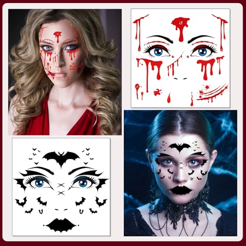 HOWAF Halloween Full Face Tattoos Stickers,Halloween Clown Costume Face Art Temporary Tattoos with Clown Face Spider Webs, Bats, Skeletons for Horror Party Decor, Halloween Black Red Face Tattoos