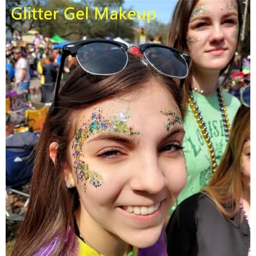 Go Ho Face Body Glitter Gel,Mardi Gras Outfit for Women and Kids,Sparkly Holographic Party Festival Rave Mardi Gras Accessories for Carnival,Gold Green Purple Chunky Glitter Makeup,52g