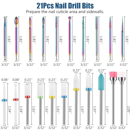 21pcs Nail Drill Bit Set - 3/32 Inch Ceramic Nail Tools for Manicure & Pedicure