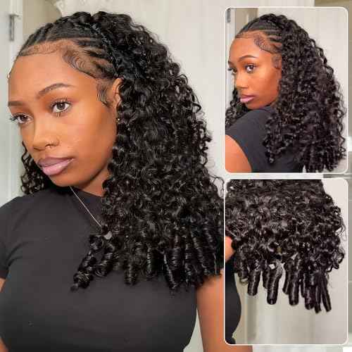 BGM GIRL 3 in 1 Burmese Curly Half Wig Human Hair Glueless Flip Over Half Wig with Drawstring Spiral Curly Ends for Women Easy Install Natural Black 180% Density 20 Inch