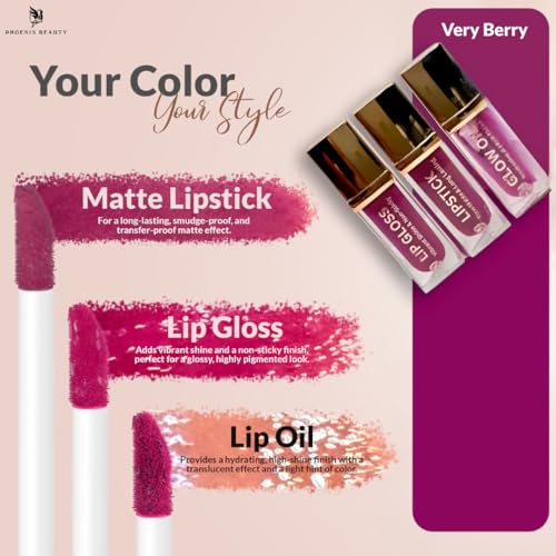 Phoenix Beauty Lip Trio – Matte Lipstick, Gloss & Oil Set
