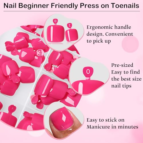 Rose Pink Press On Toenails for Women - 120pc Fake Toe Nail Kit with Glue & Tabs (Rose Pink)