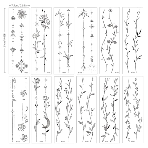 Vine Flower Temporary Tattoo - Waterproof 12 Sheet Set
