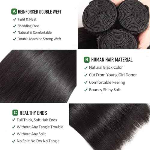 Straight Bundles with Closure Human Hair 24 26 28+20 Inch Brazilian Human Hair 3 Bundle with 4x4 HD Lace Closure Free Part 10A Grade 100% Unprocessed Virgin Hair Straight Bundles Natural Color