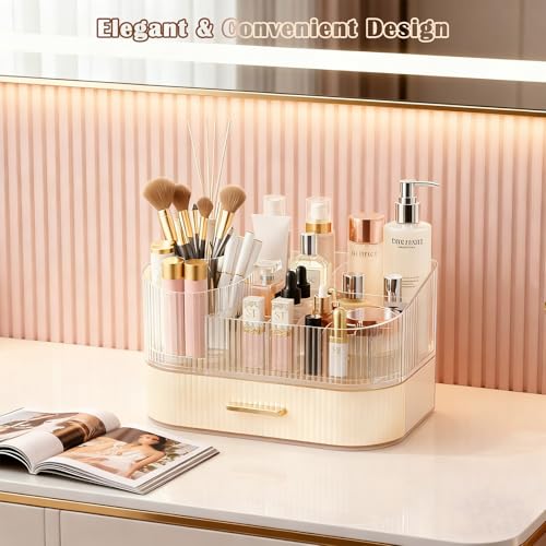 Makeup Organizer Countertop with 360 Rotating Brush Holder, Make Up Organizers For Vanity With Drawer, Bathroom Countertop Skincare Organizer And Storage