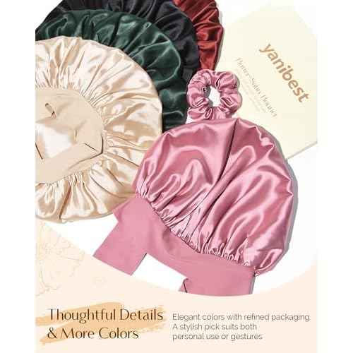 YANIBEST Silk Hair Bonnet for Sleeping, Double Layer Hair Bonnet with Elastic Tie Band for Curly Natural Hair Reduce frizz