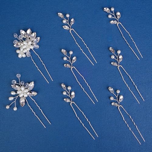 Yandino 8 Pieces Wedding Hair Pins for Bridal Silver Rhinestone Hair Pins Wedding Hair Accessories for Brides Bridesmaids Women Girls