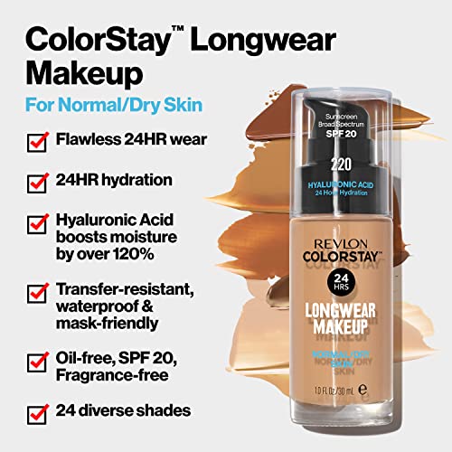 Revlon Liquid Foundation, ColorStay Face Makeup for Normal and Dry Skin, SPF 20, Longwear Medium-Full Coverage with Matte Finish, Oil Free, 240 Medium Beige, 1.0 Oz