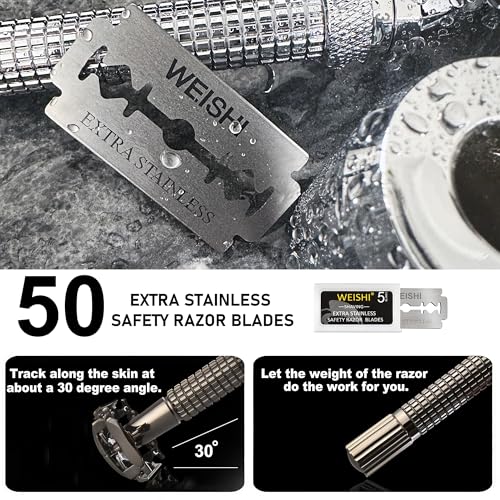 WEISHI 50Count Single Edge Razor Blades- Double Edge Safety Razor Extra Stainless Blades -Men's Safety for Shaving