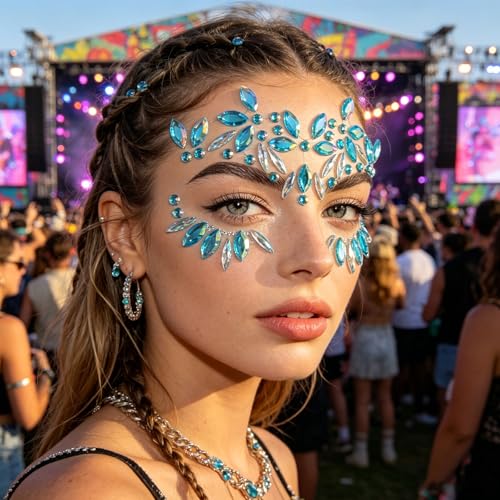 Blue Flower Rhinestone Face Gems Stickers - Festival Rave Makeup (2 Sheets)