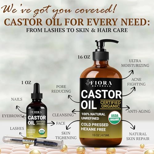 Organic Castor Oil by Fiora Naturals – 16 Oz Cold Pressed for Hair & Skin