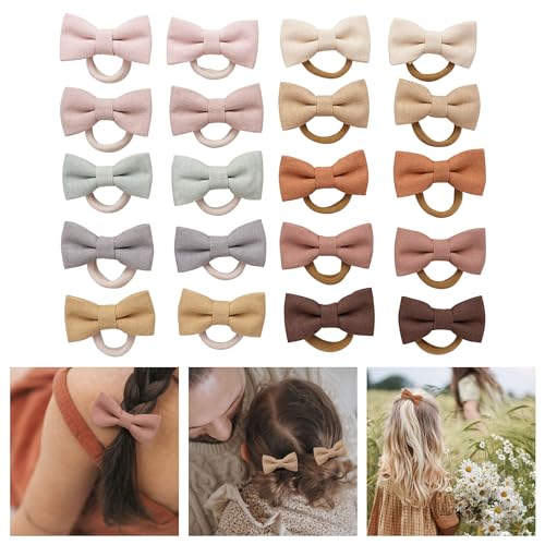 Baby Girls Hair Ties with Linen Bows – 20 Pcs No-Damage Elastic Nylon Ponytail Holders