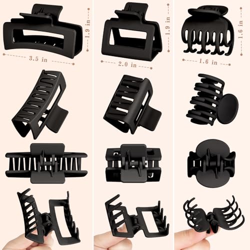 12-Piece Hair Claw Clips Set for Women—Small, Medium & Large All-Purpose Hair Pins (Black) by Tisenla