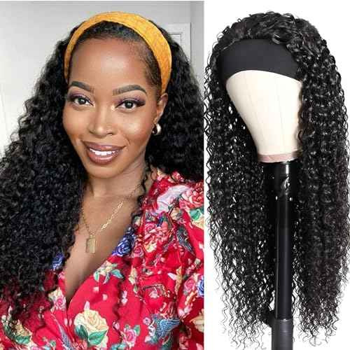 haha Water Wave Headband Wig Human Hair Curly Headband Wigs None Lace Front Wig Wet and Wavy Brazilian Virgin Human Hair Glueless Wig Easy to Wear Half Wig 150% Density 20 Inch 150% Density