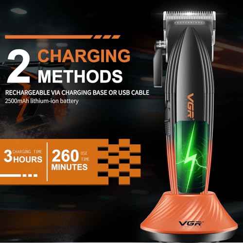 VGR 889C Professional Hair Clippers for Men, 9000RPM Cordless Barber Clippers with Ceramic & MIM Blades, 6 Magnetic Guide Combs, LED Display, USB Charging Base, Mens Grooming Kits for Barber