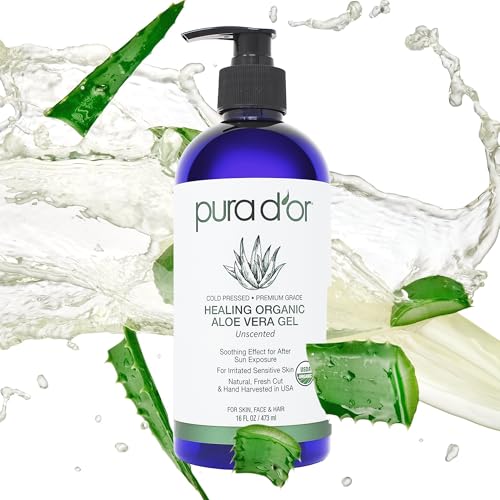 PURA D'OR 16 Oz ORGANIC Aloe Vera Gel - Unscented - All Natural - ZERO Artificial Preservatives - Deeply Hydrating & Moisturizing - Sunburn, Bug Bites, Rashes, Small Cuts, Eczema Relief - Skin & Hair