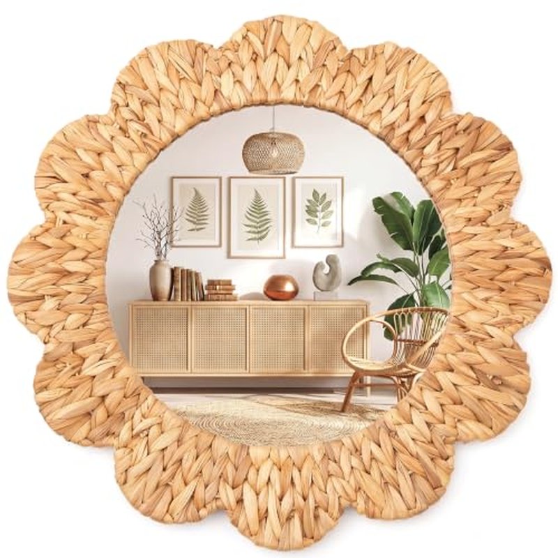 24 Inch Boho Wall Mirror Handwoven Water Hyacinth Scalloped