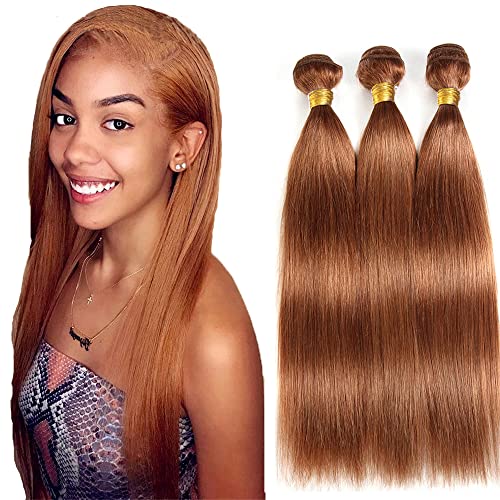 #30 Light Brown Straight Human Hair Bundles - 3 Pack, 14-18 Inch