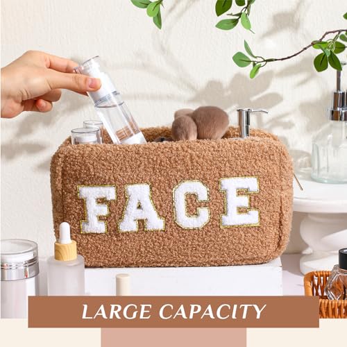 Paterr 4 Pcs Christmas Chenille Letter Preppy Patches Makeup Pouch Bag Plush Fuzzy Makeup Pouch Hair Skin Face Stuff Bag Large Cosmetic Purse Zipper Travel Toiletry Kit for Gift(Brown Colors)