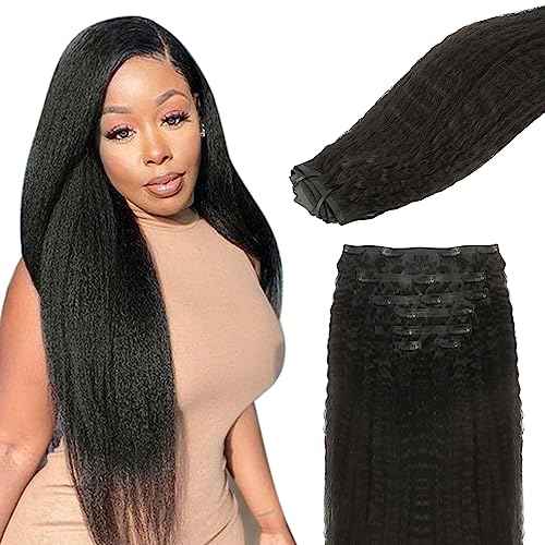 Lashey Clip in Hair Extensions Real Human Hair 110g Kinky Straight Seamless Clip in Hair Extensions Natural Black 14 Inch Human Hair with Invisi Edge for Black Women