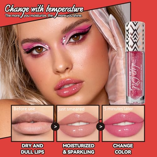 2 Colors Boss Up Color Changing Lip Oil, Shimmering Temperature Color Changing Lip Gloss Tinted Lip Stain, Long Lasting Nourishing Moisturizing Lip Glow Oil for Lip Care and Dry Lips (03#&05#)