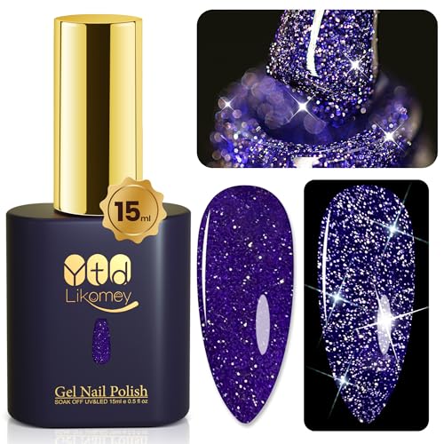 YTD Likomey Reflective Glitter Gel Nail Polish,15ml Lavender Purple Flash Diamond Shimmer Nails Gel,Sparkly Shiny Salon Home Nail Art Manicure UV Nail Gel,SZ015