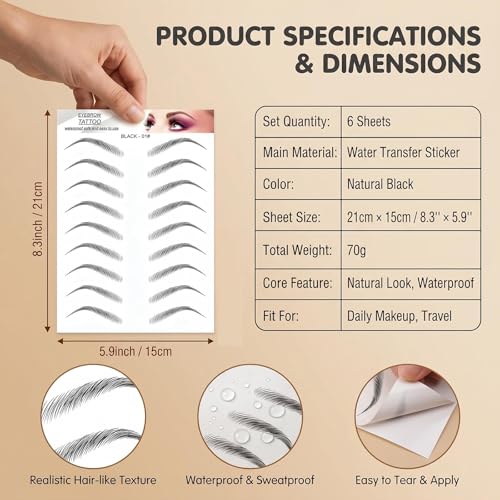 Waterproof Hair-Like Eyebrow Tattoo Stickers - 6 Sheets