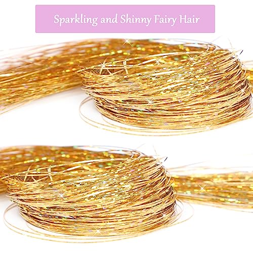 AIAIZHQH Hair Tinsel Kit Gold Fairy Hair Tinsel with Tools Tinsel Hair Extensions Heat Resistant 6Pcs 1400 Strands Sparkling Glitter Hair Extensions Hair Tensile Kit Hair Accessories for Women Girls