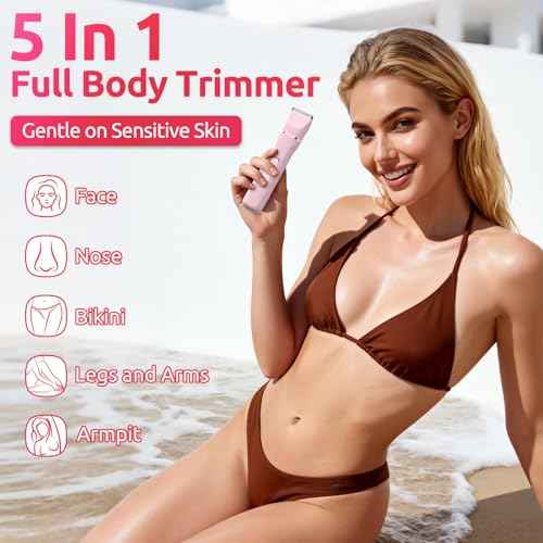 Bikini Trimmer for Women,5-in-1 Electric Razors for Women,Electric Shaver for Women's,IPX7 Waterproof Trimmer for Men Legs,with 5 Replaceable Blade Heads,USB Recharge Dock（Pink）