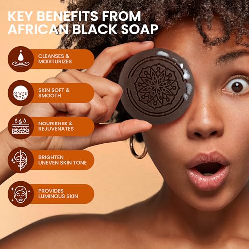 Koji White African Black Soap Bar with Kojic Acid for Exfoliating Body Wash - Face Exfoliating Soap & Face Moisturizer with Shea Butter, Aloe Vera, Coconut Oil - Vegan, Paraben-Free, 2.82oz (2 Bars)