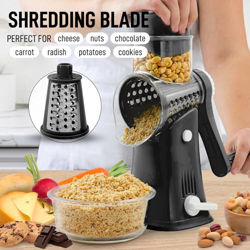 Zulay Rotary Cheese Grater 5 Blade Cheese Shredder - Manual Hand Crank Cheese Grater With Reinforced Suction & 5 Interchangeable Drums - Easy to Use Vegetable Chopper - Brilliant White