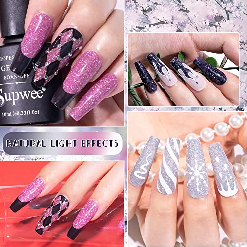 SUPWEE Reflective Glitter Gel Polish Set Sparkly Shiny Holographic Gel Nail Polish Disco Diamond Nail Polish Gel for Party Manicure Soack Off UV Gel 6 Colors 10ML(0.33fl oz)