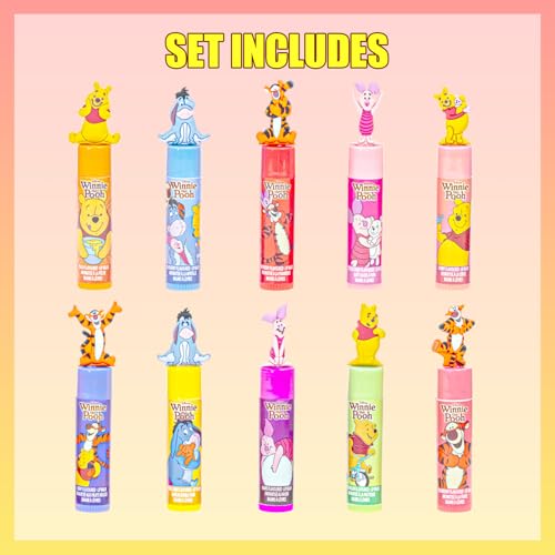 Winnie the Pooh 10 Piece Plant Based Lip Balm with Bonus Toppers, Makeup Set for Girls, Boys, Toddlers, Perfect for Gift-Giving, Sleepovers, for Kids, by Townley Girl