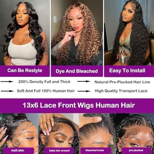 Deep Wave Lace Front Wigs Human Hair 200% Density Wet and Wavy Human Hair Wig 13x6 HD Lace Front Wigs Human Hair Pre Plucked Deep Wave Human Hair Wig for Women(20 Inch)