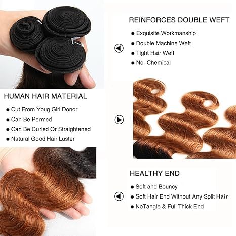 1B30 Ombre Body Wave Human Hair Bundles – Brazilian Remy, 8-12 Inches