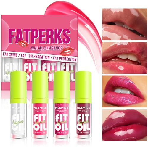 4 Colors Lip Oil Lip Glaze, Hydrating Lip Glow Oil Fit Oil Lip Care, Shiny Transparent Lip Gloss Plumping,Long Lasting Nourishing Non-sticky Fresh Clear Smooth Lip Care Product-Set A