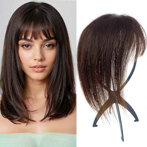 Brown Hair Topper With Bangs Real Human Hair Toppers For Women With Thinning Hair 360¡Æ 3D Cover Hair Pieces with Bangs For Women (12Inch, Brown with Bangs)