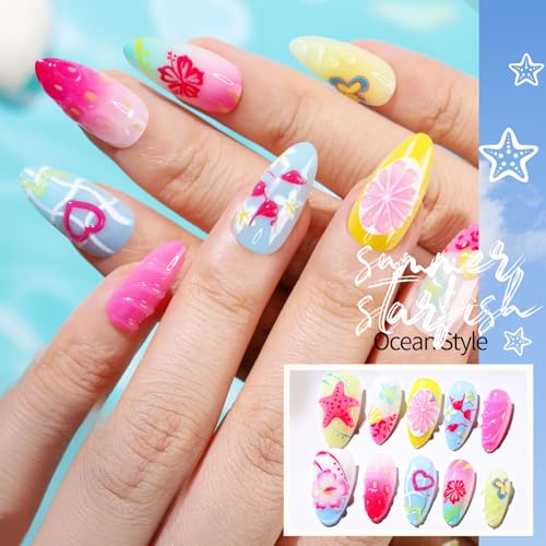 FANDAMEI Press on Nails, 4 Styles 120PCS 3D Flower Press on Nails Short Almond Fake Nails, Medium Almond 3D False Nails, Flower Butterfly Spring Summer Nails for Women