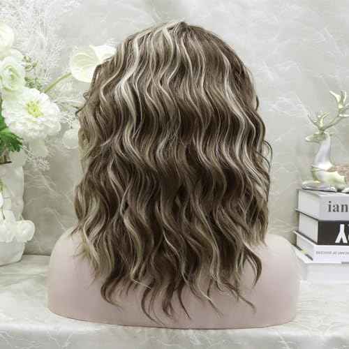 Synthetic Lace Front Wigs: Brown Highlight Ash Blonde 13*2 Inches Lace Front Wig, Short Bob Curly Wigs Synthetic Hair 16 Inches Wig Free Part with Natural Hairline Shoulder Length (Blonde Brown)