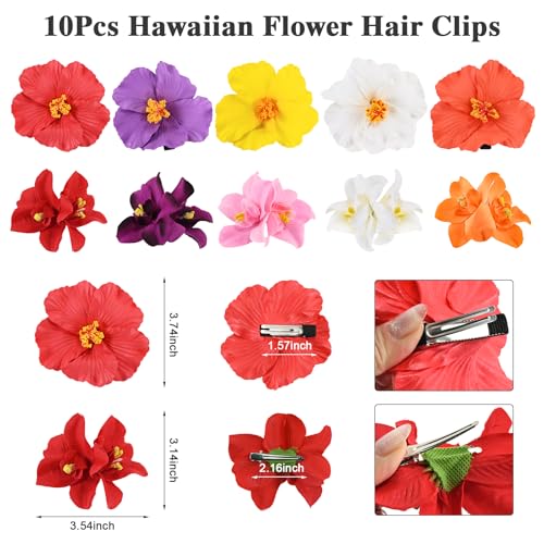 Hawaiian Flower Hair Clips Set - 10 Colorful Boho Clips
