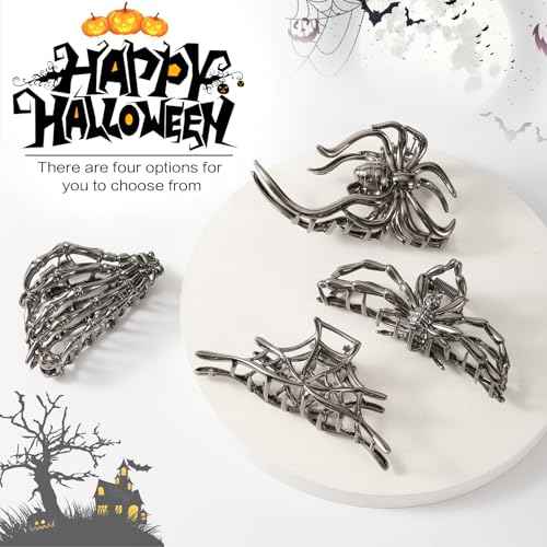 4 PCS Halloween Hair Claw Clips for Women Girls, Gothic Spider Black Metal Claw Clips, Non-Slip Hair Claws for Thick Thin Hair, Spider Web Skeleton Hand Skull Hair Clips, Spooky Hair Accessories Gifts