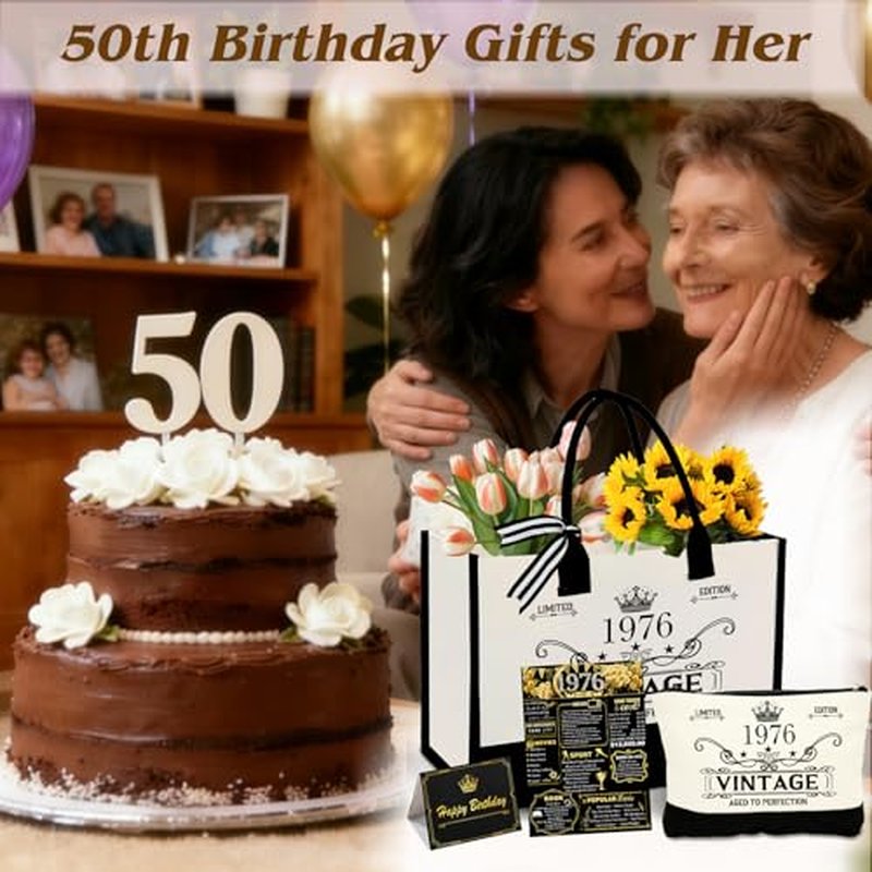 50th Birthday Gifts for Her Woman? Vintage 1976 Canvas Tote Bag Gift Set for Women, Cosmetic Bag, Back in 1976 Card, Unique 50 Years Old Birthday Gift Ideas for Mom, Wife, Sister, Friends