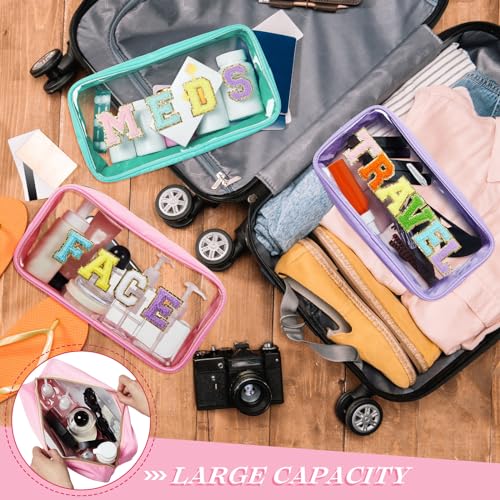 Abbylike 6 Pcs Large Chenille Letter Cosmetic Bag Preppy Patch PVC Nylon Makeup Bag Portable Glitter Clear Cosmetic Bags with Zipper Travel Toiletry Storage Stuff Pouch for Women