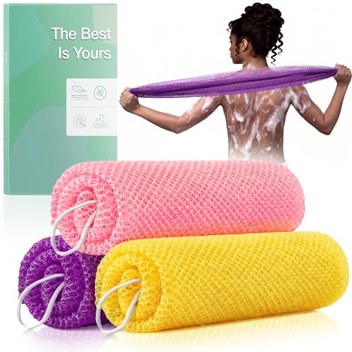 African Net Sponge 3-Pack - Deep Cleansing Exfoliating Body Scrubber in Yellow, Pink, Purple - Reusable Shower Sponge for All Skin Types
