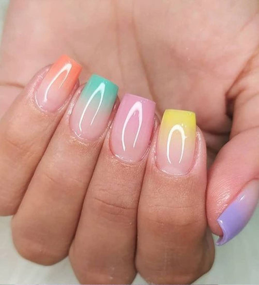 Morily 24Pcs Press on Nails Medium Length Colorful Ombre Fake Nails Square Shaped Stick on Nails Nude Pink Rainbow False Nails Glossy Acrylic French Tip Finger Nails for Women (Colorful Ombre Square)